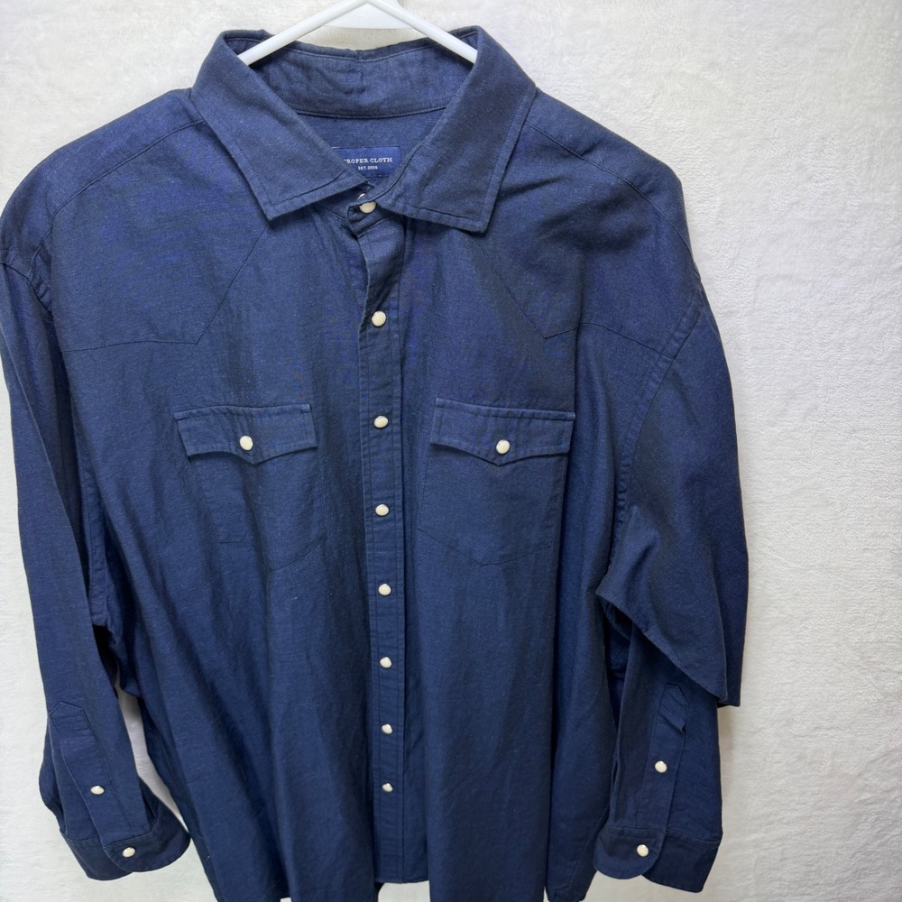 Proper Cloth Mens XXL Linen Blend Dark Blue Pearl Snap Western Shirt Long Sleeve